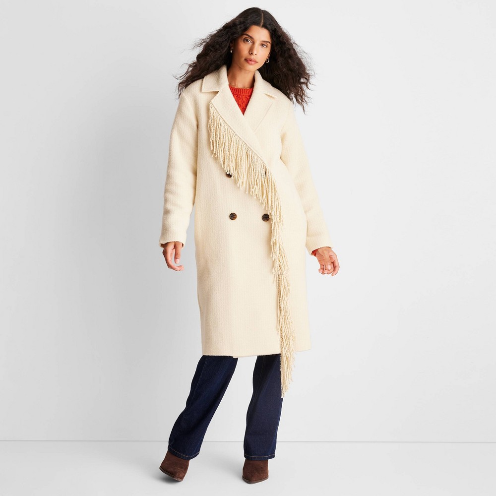 Women's Notched Lapel Double Breasted Fringe Coat - Future Collective™ with Reese Blutstein Cream L