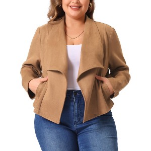 Agnes Orinda Women's Plus Size Faux Suede Lapel Long Sleeve with Pocket Open Front Cardigans - 1 of 4