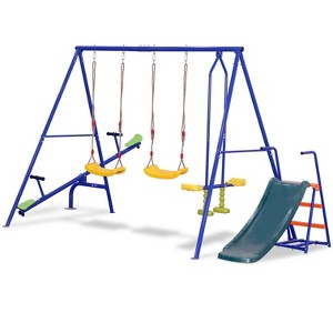 Gulches Swing Sets for Backyard,5 In 1 Swing Set,700LBS Metal Swing with Stand,Swing Set with Slide and Glider,2 Blet Swings - 1 of 4