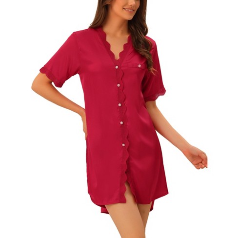 cheibear Womens Satin Pajama Dress Button Down Silky Short Sleeves  Nightgowns Red X-Small