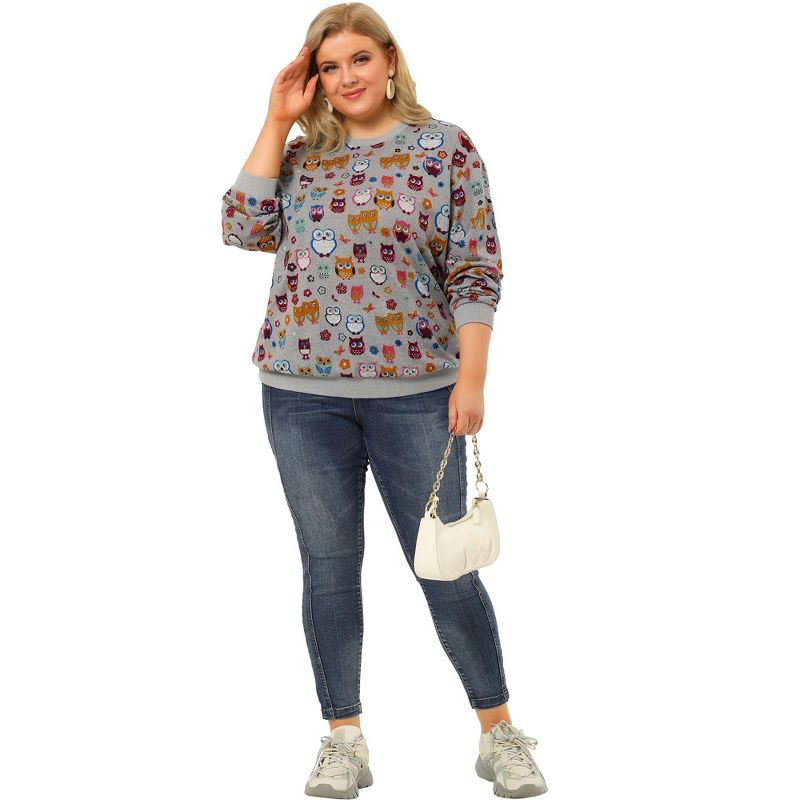 Agnes Orinda Women's Plus Size Casual Pullover Owl Print Comfty Sweatershirt, 3 of 7