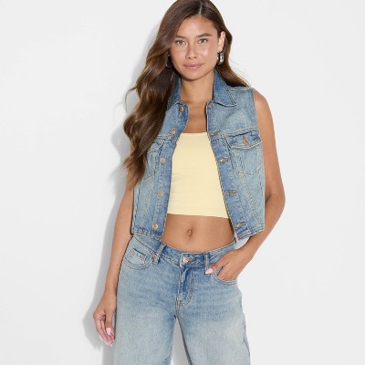 Women's Sleeveless Cropped Denim Trucker Vest - Wild Fable™
