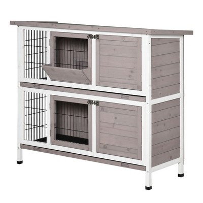 Gray and White Wooden 2-Tier Guinea Pig Cage with Slide-Out Tray