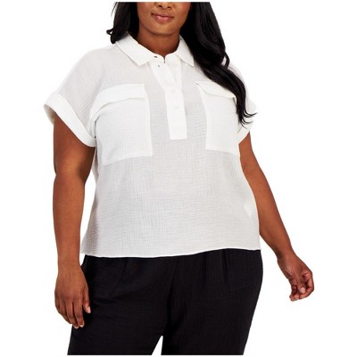 Calvin Klein Womens Collared Textured Button Down Blouse