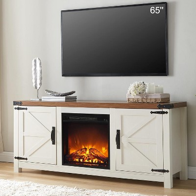 SinCiDo Fireplace TV Stand for 65" TV，Farmhouse Barn Door and Adjustable Partition, with 18" Electric Fireplace TV Stand, for Living Room