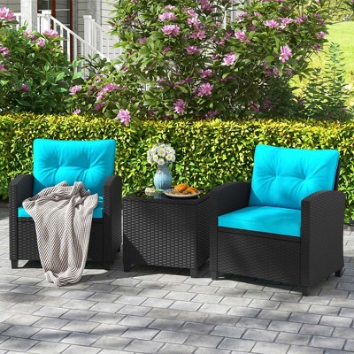 Costway 3 PCS Patio Furniture Set with Tempered Glass Coffee Table Washable Cushions Beige/Black/Off White/Red/Navy/Turquoise