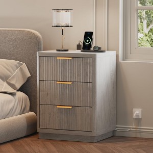 Fluted Nightstand with Charging Station, Mid Century Modern Fluted Nightstand, Modern End Table with Curved Corners - 1 of 4