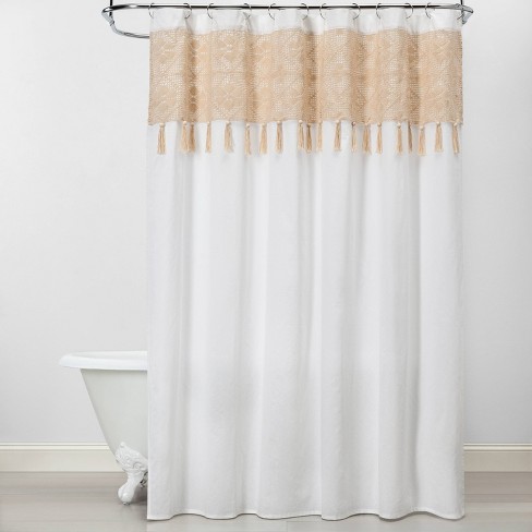 Macrame Inset With Wood Bead Tassels Shower Curtain White Beige