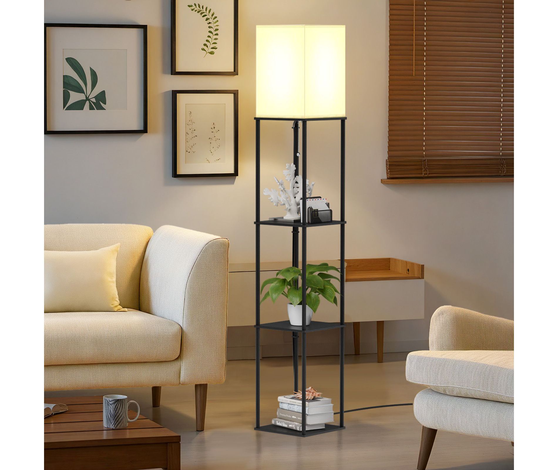 Napei 62-in Shelf Floor Lamp with Fabric Shade-Black