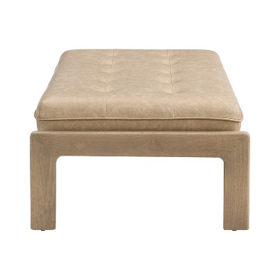 Taupe Brown Faux Leather Tufted Cocktail Ottoman with Rubberwood Base