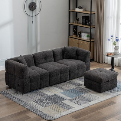 87.7" Sectional Sofa Cozy Teddy Fleece Fabric Sectional Sofa Couch with Two USB Ports a Movable Storage Ottoman,White