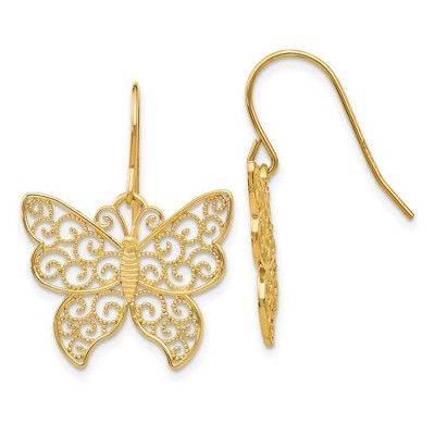 Black Bow Jewelry 20mm Textured Filigree Butterfly Dangle Earrings in 14k Yellow Gold