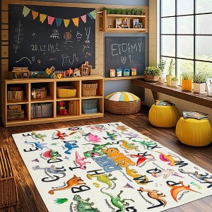 LOVEVOOK Kids Rugs for Playroom, 47 inch Round Rug, Soft Machine Washable Non-Slip Dinosaur Carpet for Toddler Kids Room Decor Mat, Beige - 1 of 4