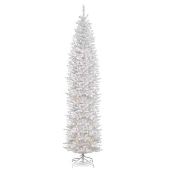 National Tree Company 12 ft Artificial Pre-Lit Slim Christmas Tree, White, Kingswood Fir, White Lights, Includes Stand