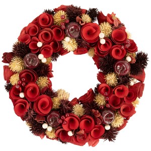 Northlight Wooden Roses, Apples and Pearls Artificial Christmas Wreath - 13" - Unlit - Red - 1 of 4