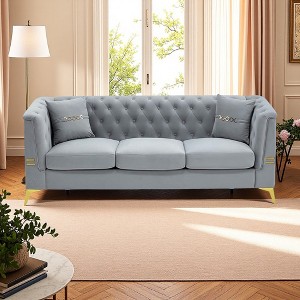 GDFStudio Tilo 83'' Mid-Century Modern 3-Seater Velvet Upholstered Sofa with 2 Pillows and Chesterfield Charm - 1 of 4