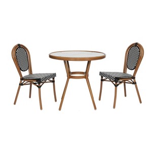 Flash Furniture Lourdes Indoor/Outdoor Commercial Bistro 31.5" Table, Black and White PE Rattan, Glass Top with 2 Stack Chairs - 1 of 4