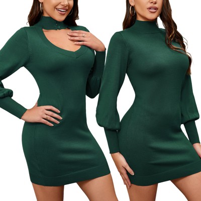 Women's Christmas Deep v neck Dual Side Reversible Sweater Rib Knit bodycon High Collar Club Party Mini Dress