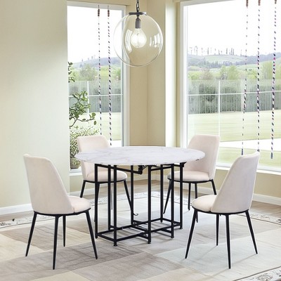 GDFStudio Oscar 5 Piece Modern Ergonomic Iron and Linen Upholstered Dining Set with 47.2" Foldable Faux Marble Table