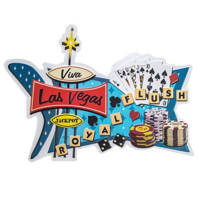 American Art Decor 18" x 13" Viva Las Vegas Royal Flush Embossed Metal Sign Sky Blue/Red/Yellow: Sin City Elvis Tribute Wall Decor