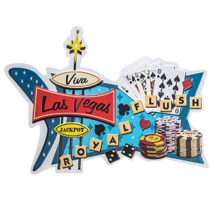 American Art Decor 18" x 13" Viva Las Vegas Royal Flush Embossed Metal Sign Sky Blue/Red/Yellow: Sin City Elvis Tribute Wall Decor - 1 of 4