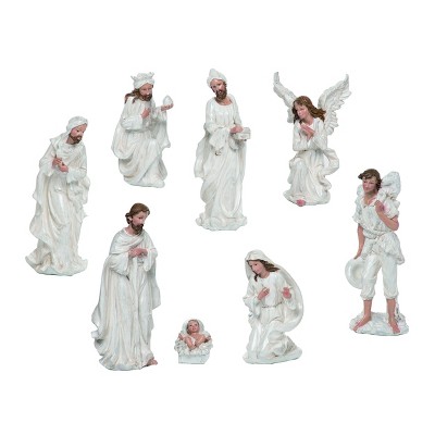 Transpac Resin 8 in. White Christmas Pearlized Nativity Set of 8