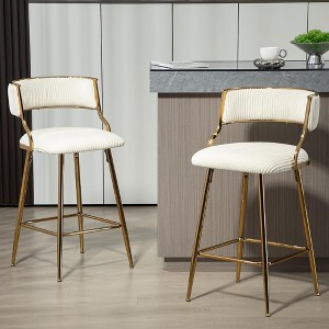 QingMoon Modern Bar Stools Set of 2, Corduroy Counter Height Chairs with Curved Backrest, Golden Chromed Base and Footrest for Kitchen Island - 1 of 4
