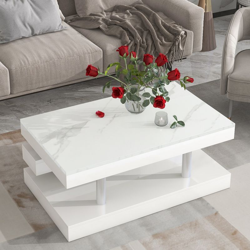 Modern 2-Tier Coffee Table with Silver Metal Legs, Rectangle Cocktail Table with High-gloss UV Surface-ModernLuxe, 1 of 15