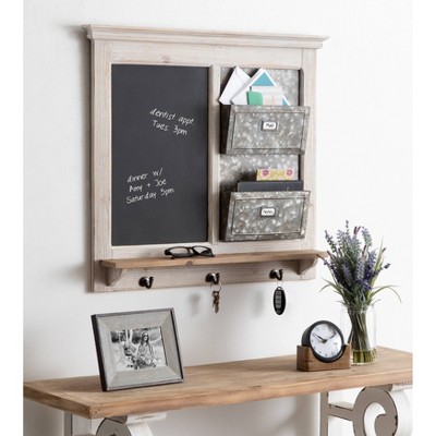 White Distressed Wood and Metal Wall Organizer with Chalkboard