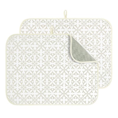 LunaLulinlk 24" x 18" Dish Drying Mat Set of 2 Microfiber Dish Drainer/Rack Pads with Hanging Loop Beige Damask