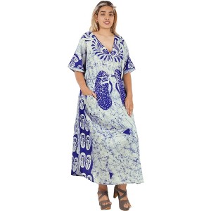 LA LEELA Women's Summer Batik Caftan Long Loungewear Dashiki House Dress with Pockets Sleepwear for Women Nightgown plus size 1X-2X Blue, Tie Dye - 1 of 4