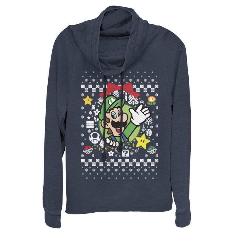 Juniors Womens Nintendo Ugly Christmas Luigi Wreath Cowl Neck Sweatshirt, 1 of 4