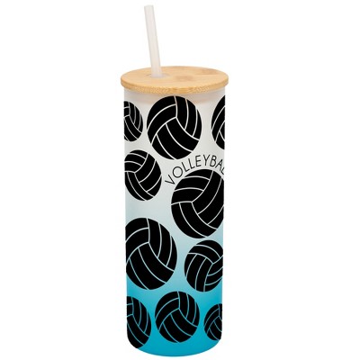 Elanze Designs Volleyball Ball Sports Wrap-Around Design 25 Ounce Frosted Gradient Glass On-The-Go Coffee Travel Skinny Tumbler Mug Cup, Bamboo Lid