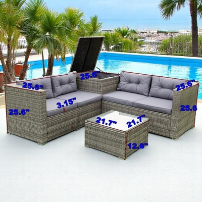 4-Piece Patio Sectional Wicker Rattan Outdoor Sofa Set with Storage Box, Grey Cushions, and Free Combination Design for Garden, Porch, or Balcony