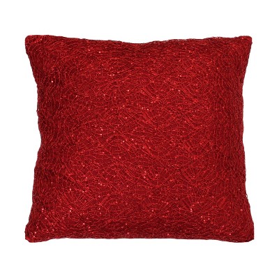 19"x19" Phillip Lace Sequin Faux Linen Square Throw Pillow Red - Decor Therapy