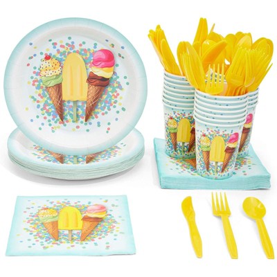 Juvale 144 Pieces Ice Cream Party Supplies, Paper Plates, Napkins, Cups and Plastic Cutlery (Serves 24)