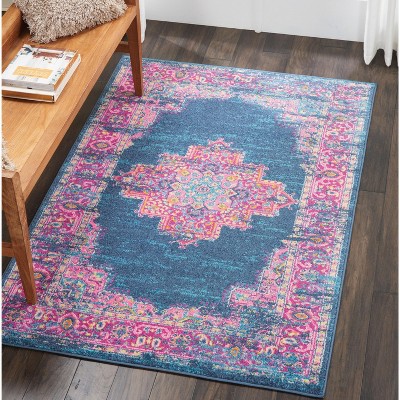 Handmade Blue Floral Synthetic 4' x 6' Reversible Rug