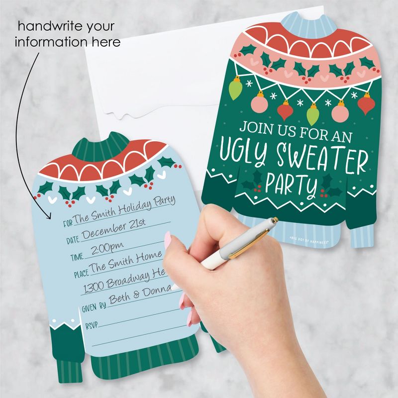 Big Dot of Happiness Colorful Christmas Sweaters - Shaped Fill-In Invitations - Ugly Sweater Holiday Party Invitation Cards with Envelopes - Set of 12, 3 of 9