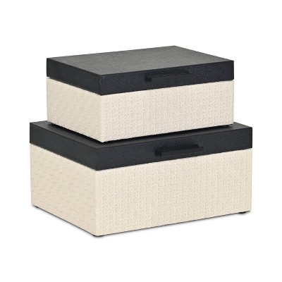Cheung's Ellaran Set of 2 Black Shagreen and Cream Wicker Pattern Boxes