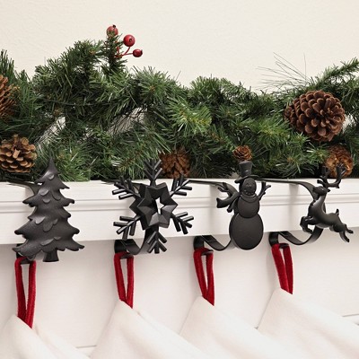 Matte Black Metal MantleClip Stocking Holders with Holiday Icons, 4-Pack