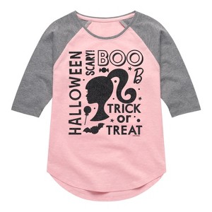 Girls' - Barbie - Halloween Collage Shirt Tail Raglan Graphic T-shirt - 1 of 4