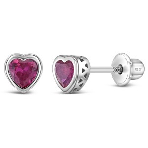 Girl's CZ Birthstone Heart Screw Back Sterling Silver Earrings - In Season Jewelry - 1 of 4