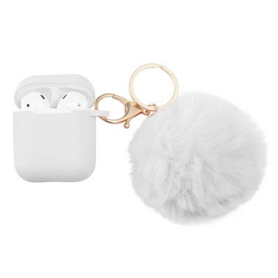 Insten Cute Case Compatible with AirPods 1 & 2 - Fluffy Pom Pom Protective Silicone Cover with Keychain, White