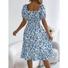 Women's Summer Square Neck Ruffle Puff Sleeve Boho Elastic Waist Smocked Flowy A Line Midi Dresses - 3 of 4