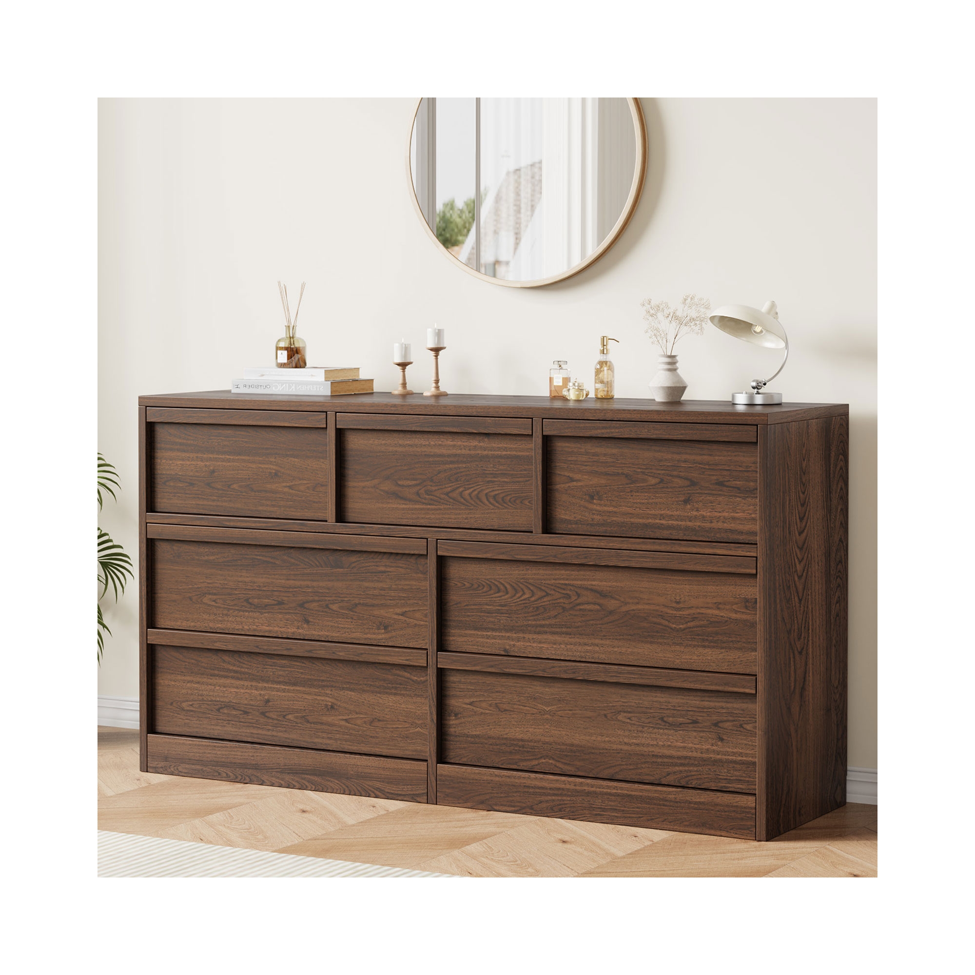 7 Drawer Dresser for Bedroom, Walnut 7 Chest of Drawers with Concave Handles, Modern Dresser Organizer for Bedroom Living Room Nursery Hallway