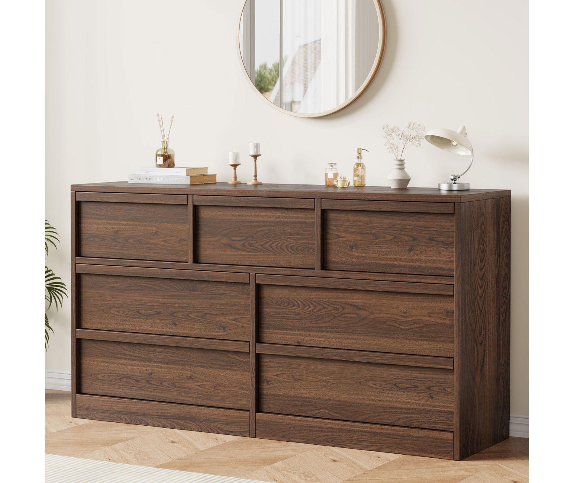 7 Drawer Dresser for Bedroom, Walnut 7 Chest of Drawers with Concave Handles, Modern Dresser Organizer for Bedroom Living Room Nursery Hallway