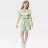 Girls Romper Flounce Squar Neck Belted Jumpsuit with Lace Trim Elastic Adjustbale Neckline Romper - 3 of 4