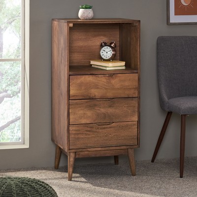 KWPZQEB Bohemian Nightstand, End Table with 3 Storage Drawers, Mango Wood Night Stand with Open Shelf & Splayed Legs for Living Room, Bedroom, Brown