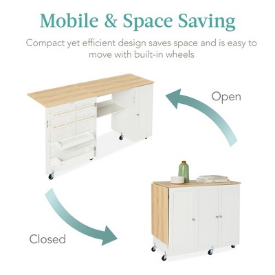 Natural White MDF Folding Sewing Table with Storage and Wheels