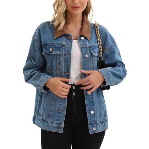 INSPIRE CHIC Women's Denim Corduroy Collar Long Sleeves Button Down Western Shacket Jean Jackets Retro Blue Large